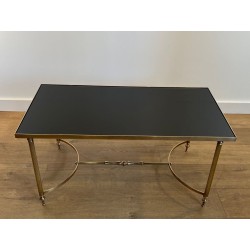 Brass Coffee Table, Black Lacquered Glass, Maison Jansen, circa 1940