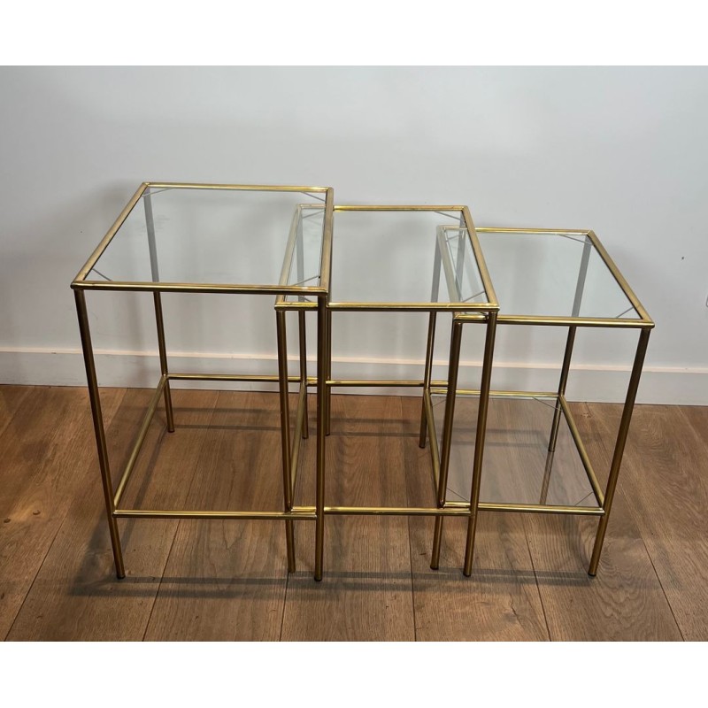 Set of Neoclassical Brass and Glass Nesting Tables, French Work, circa 1970