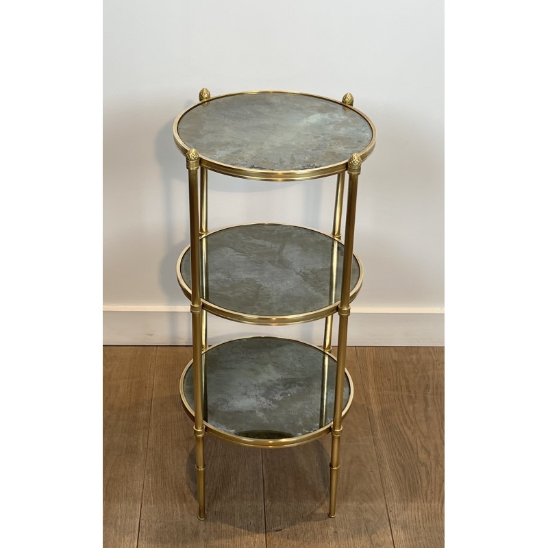 Sellette Ronde en Bronze à Triple Plateaux de Miroirs Eglomisés de la Maison Baguès