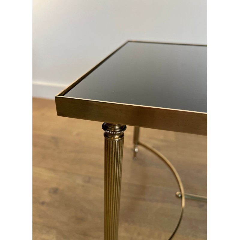 Brass Coffee Table, Black Lacquered Glass, Maison Jansen, circa 1940