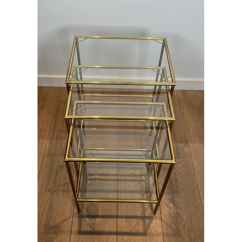 Suite Tables Gigognes Néoclassiques Laiton et Verre, Travail Français, vers 1970