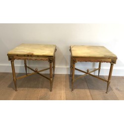 Paire de Bouts de Canapé Carrés de Style Néoclassique en Laiton et Plateau d'Onyx dans le Goût de la Maison Jansen