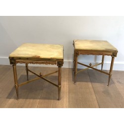 Paire de Bouts de Canapé Carrés de Style Néoclassique en Laiton et Plateau d'Onyx dans le Goût de la Maison Jansen