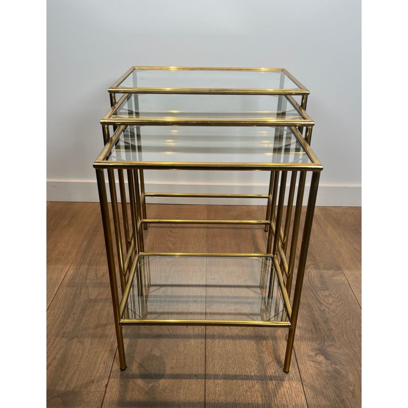 Set of Neoclassical Brass and Glass Nesting Tables, French Work, circa 1970