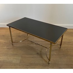 Table Basse Laiton Verre Laqué Noir, Maison Jansen, vers 1940
