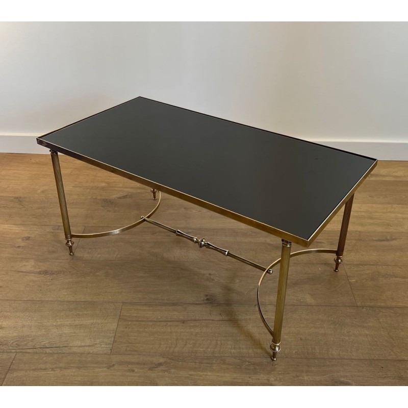 Brass Coffee Table, Black Lacquered Glass, Maison Jansen, circa 1940