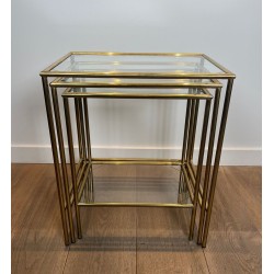 Set of Neoclassical Brass and Glass Nesting Tables, French Work, circa 1970