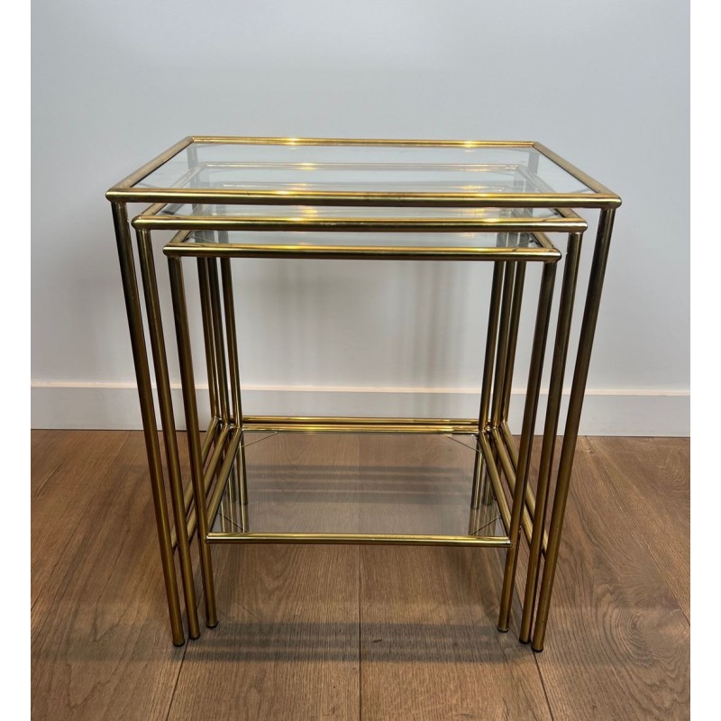 Set of Neoclassical Brass and Glass Nesting Tables, French Work, circa 1970