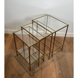 Set of Neoclassical Brass and Glass Nesting Tables, French Work, circa 1970