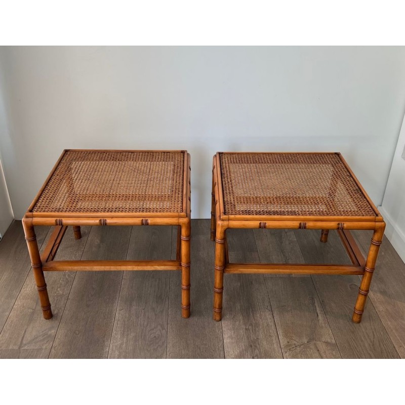 Paire Bouts de Canapé Bois Façon Bambou Plateaux Cannés, Travail Français, vers 1970