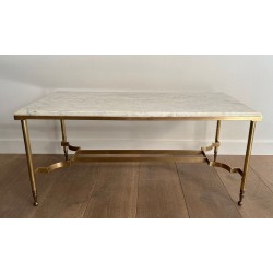 Neoclassical Brass Coffee Table with White Marble Top, Maison Jansen, circa 1940