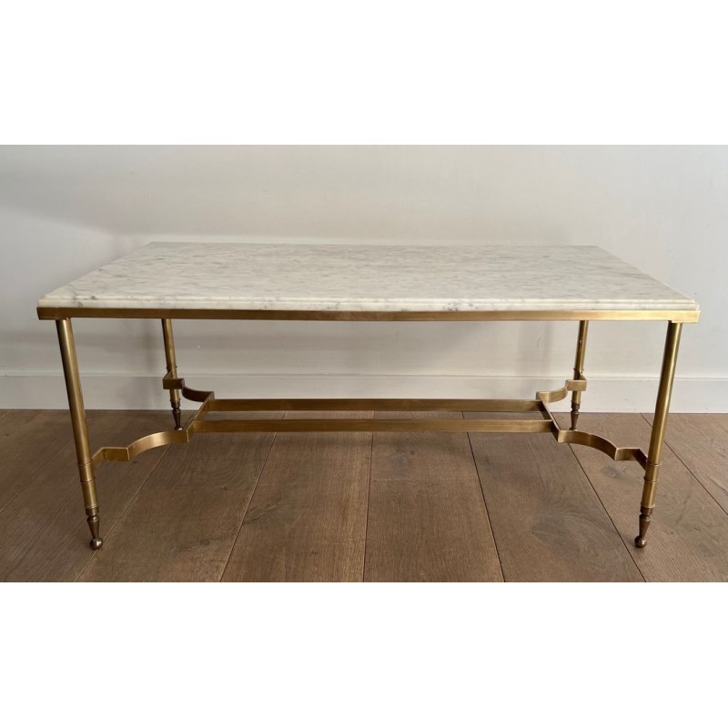 Neoclassical Brass Coffee Table with White Marble Top, Maison Jansen, circa 1940