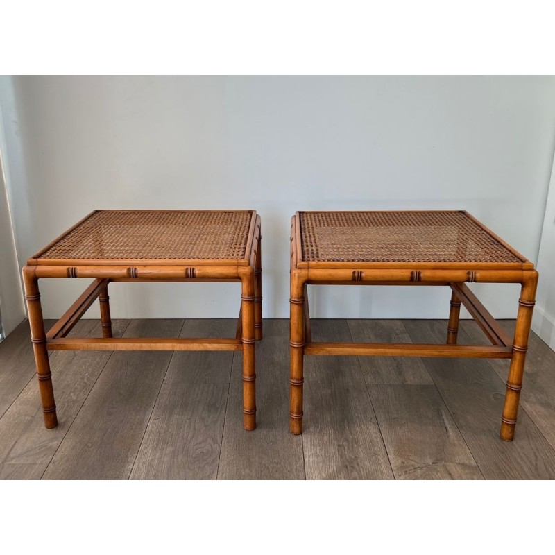 Pair of Large Faux-Bamboo Side Tables with Cane Tops, French Work, circa 1970