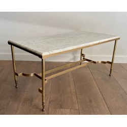 Neoclassical Brass Coffee Table with White Marble Top, Maison Jansen, circa 1940