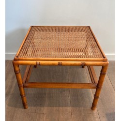 Pair of Large Faux-Bamboo Side Tables with Cane Tops, French Work, circa 1970