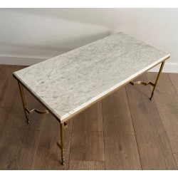 Neoclassical Brass Coffee Table with White Marble Top, Maison Jansen, circa 1940