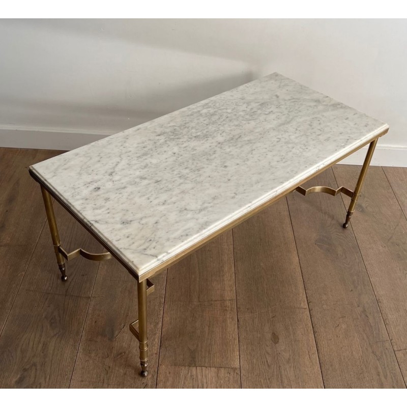Table Basse Néoclassique Laiton Marbre Blanc, Maison Jansen, France, vers 1940