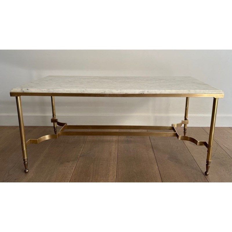 Table Basse Néoclassique Laiton Marbre Blanc, Maison Jansen, France, vers 1940