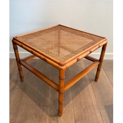 Pair of Large Faux-Bamboo Side Tables with Cane Tops, French Work, circa 1970