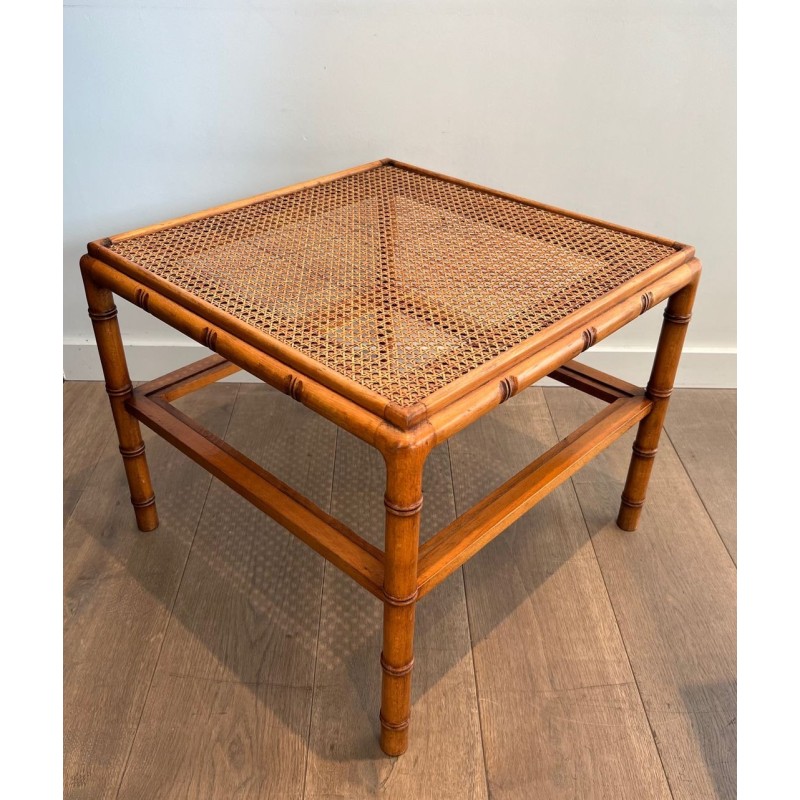 Pair of Large Faux-Bamboo Side Tables with Cane Tops, French Work, circa 1970