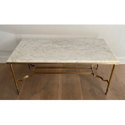 Neoclassical Brass Coffee Table with White Marble Top, Maison Jansen, circa 1940