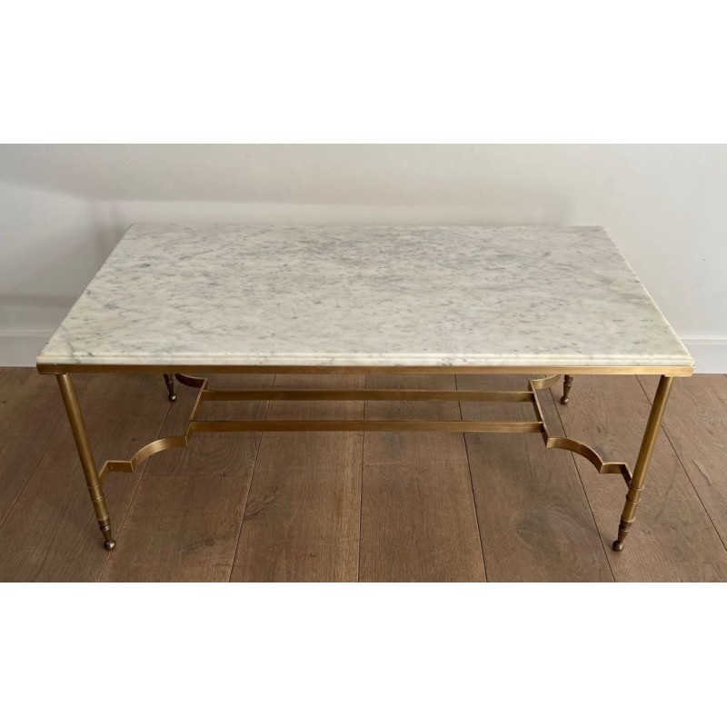 Neoclassical Brass Coffee Table with White Marble Top, Maison Jansen, circa 1940