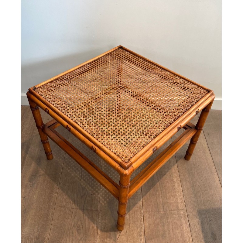 Pair of Large Faux-Bamboo Side Tables with Cane Tops, French Work, circa 1970