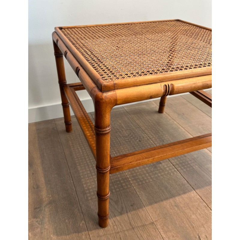Pair of Large Faux-Bamboo Side Tables with Cane Tops, French Work, circa 1970