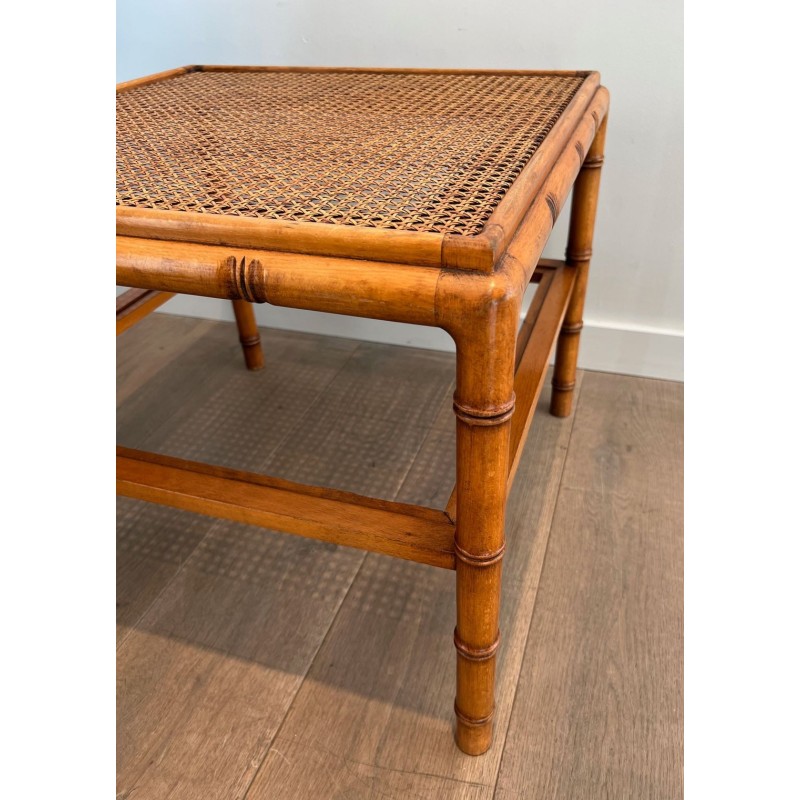 Pair of Large Faux-Bamboo Side Tables with Cane Tops, French Work, circa 1970