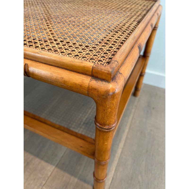 Pair of Large Faux-Bamboo Side Tables with Cane Tops, French Work, circa 1970