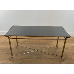 Table Basse Laiton Plateau Verre Laqué Noir, Dans le Goût de Jansen, France, vers 1940