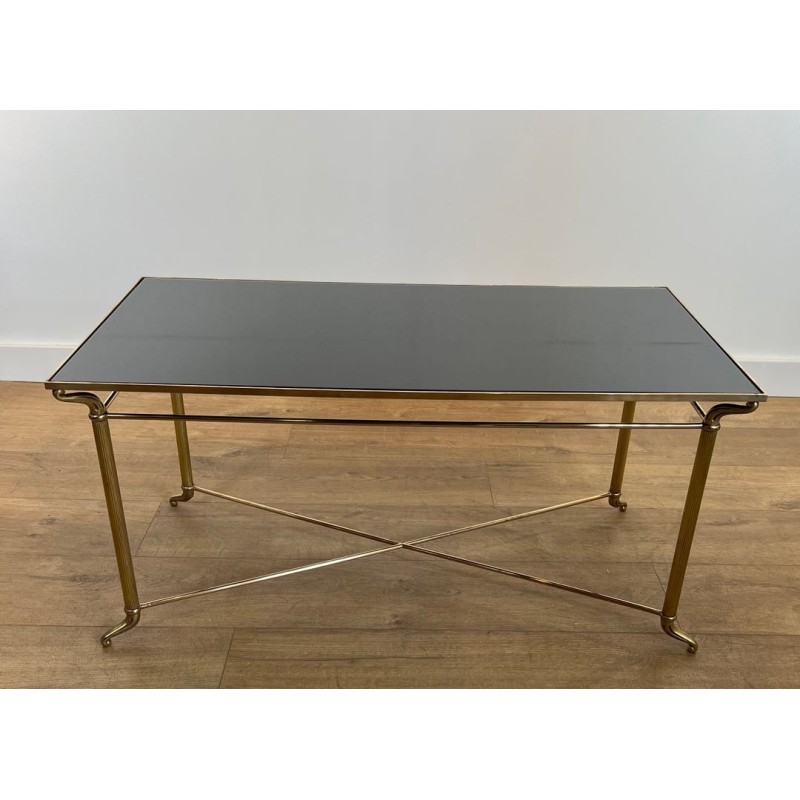 Table Basse Laiton Plateau Verre Laqué Noir, Dans le Goût de Jansen, France, vers 1940