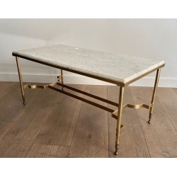 Table Basse Néoclassique Laiton Marbre Blanc, Maison Jansen, France, vers 1940