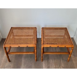 Pair of Large Faux-Bamboo Side Tables with Cane Tops, French Work, circa 1970