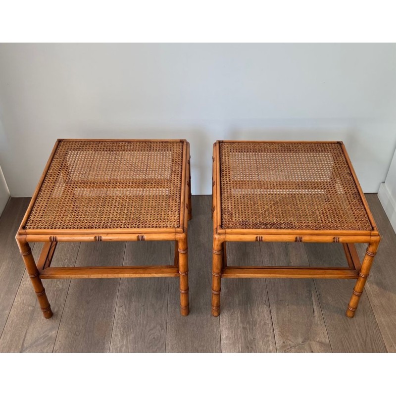 Paire Bouts de Canapé Bois Façon Bambou Plateaux Cannés, Travail Français, vers 1970