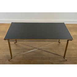 Table Basse Laiton Plateau Verre Laqué Noir, Dans le Goût de Jansen, France, vers 1940