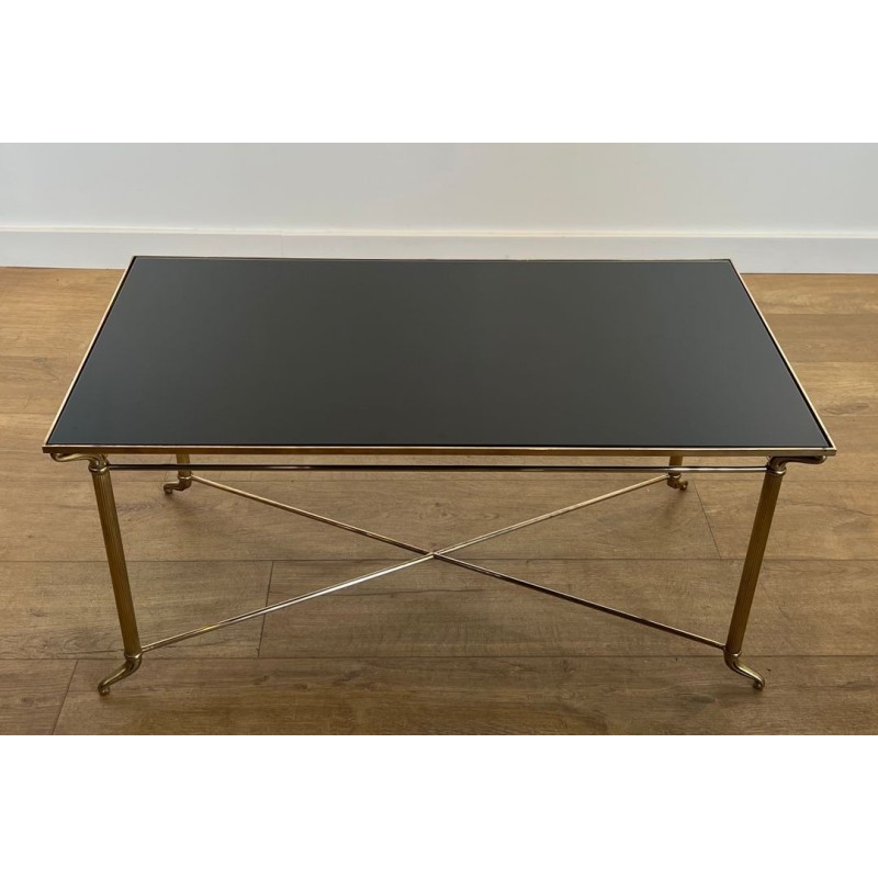 Table Basse Laiton Plateau Verre Laqué Noir, Dans le Goût de Jansen, France, vers 1940