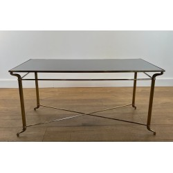 Rectangular Brass Coffee Table, Black Lacquered Glass Top, in the Style of Jansen, circa 1940