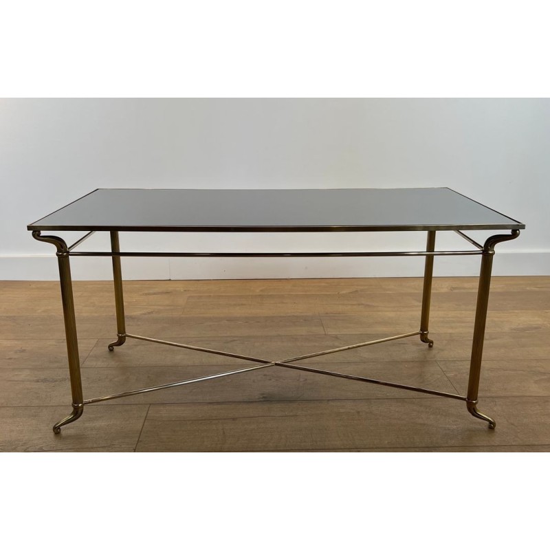Rectangular Brass Coffee Table, Black Lacquered Glass Top, in the Style of Jansen, circa 1940