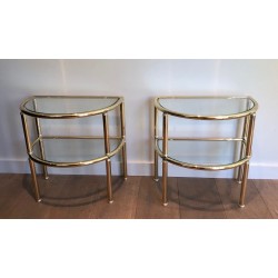 Pair of D-Shaped Two-Tier Brass Side Tables with Glass Shelves, French Work, circa 1970