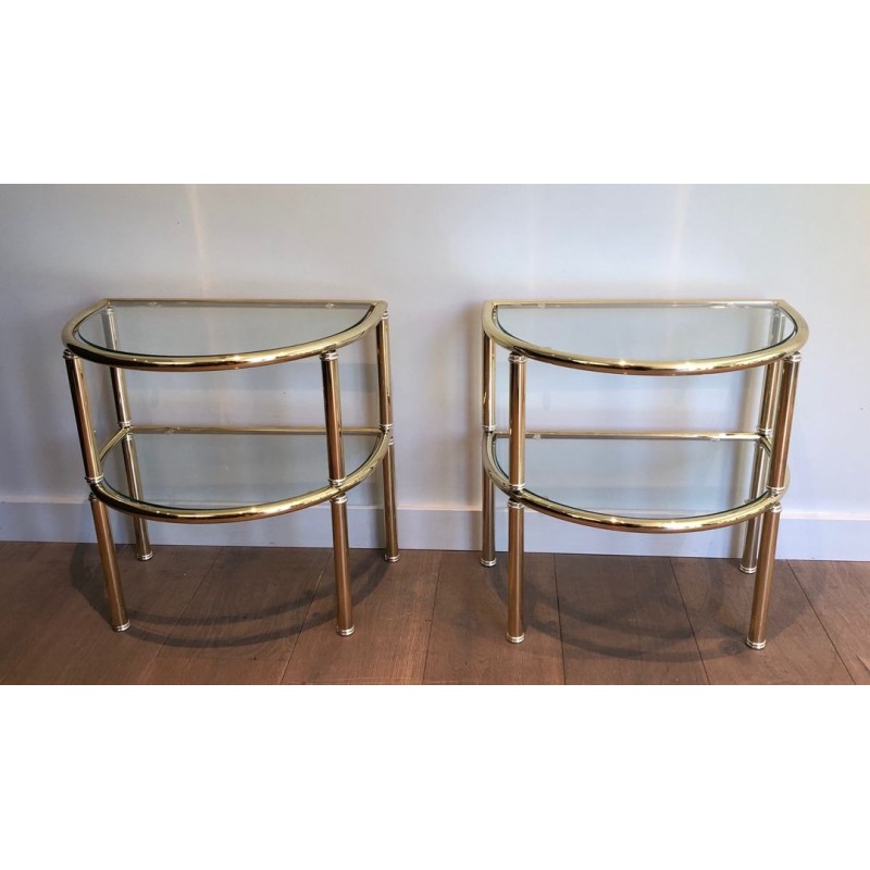 Pair of D-Shaped Two-Tier Brass Side Tables with Glass Shelves, French Work, circa 1970