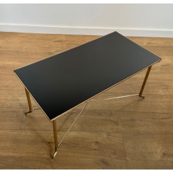 Table Basse Laiton Plateau Verre Laqué Noir, Dans le Goût de Jansen, France, vers 1940
