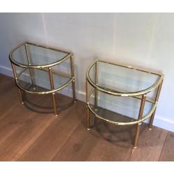 Pair of D-Shaped Two-Tier Brass Side Tables with Glass Shelves, French Work, circa 1970