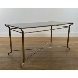 Rectangular Brass Coffee Table, Black Lacquered Glass Top, in the Style of Jansen, circa 1940