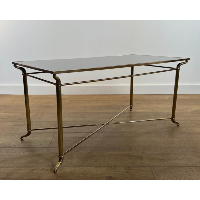 Rectangular Brass Coffee Table, Black Lacquered Glass Top, in the Style of Jansen, circa 1940