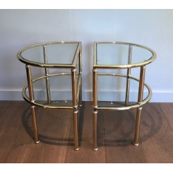 Pair of D-Shaped Two-Tier Brass Side Tables with Glass Shelves, French Work, circa 1970