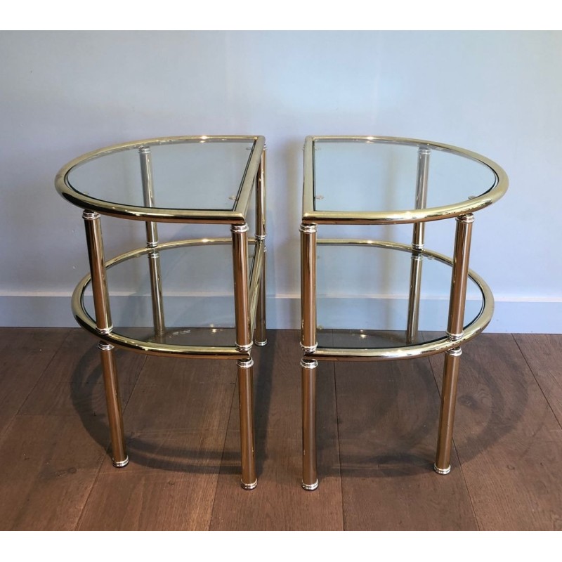 Pair of D-Shaped Two-Tier Brass Side Tables with Glass Shelves, French Work, circa 1970