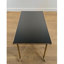 Rectangular Brass Coffee Table, Black Lacquered Glass Top, in the Style of Jansen, circa 1940
