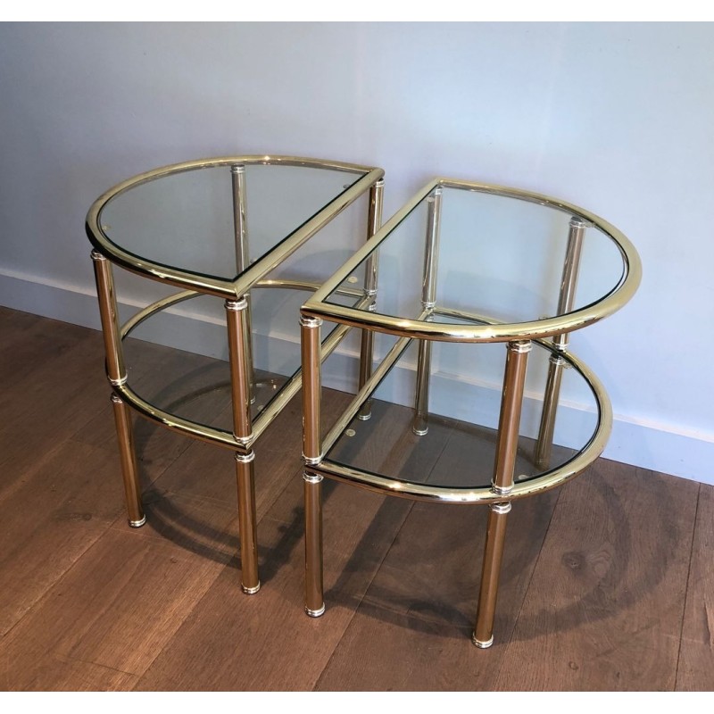 Pair of D-Shaped Two-Tier Brass Side Tables with Glass Shelves, French Work, circa 1970
