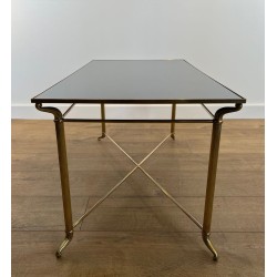 Rectangular Brass Coffee Table, Black Lacquered Glass Top, in the Style of Jansen, circa 1940